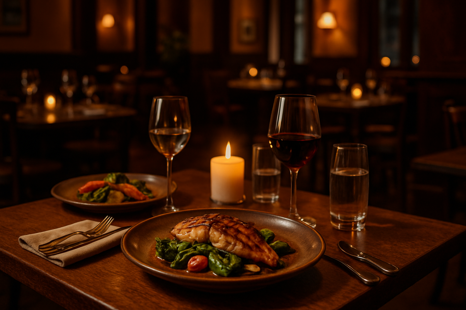 Elegant Spanish dining table with warm candlelight, rustic ceramic plates, grilled seafood, and rich amber lighting in a cozy upscale restaurant