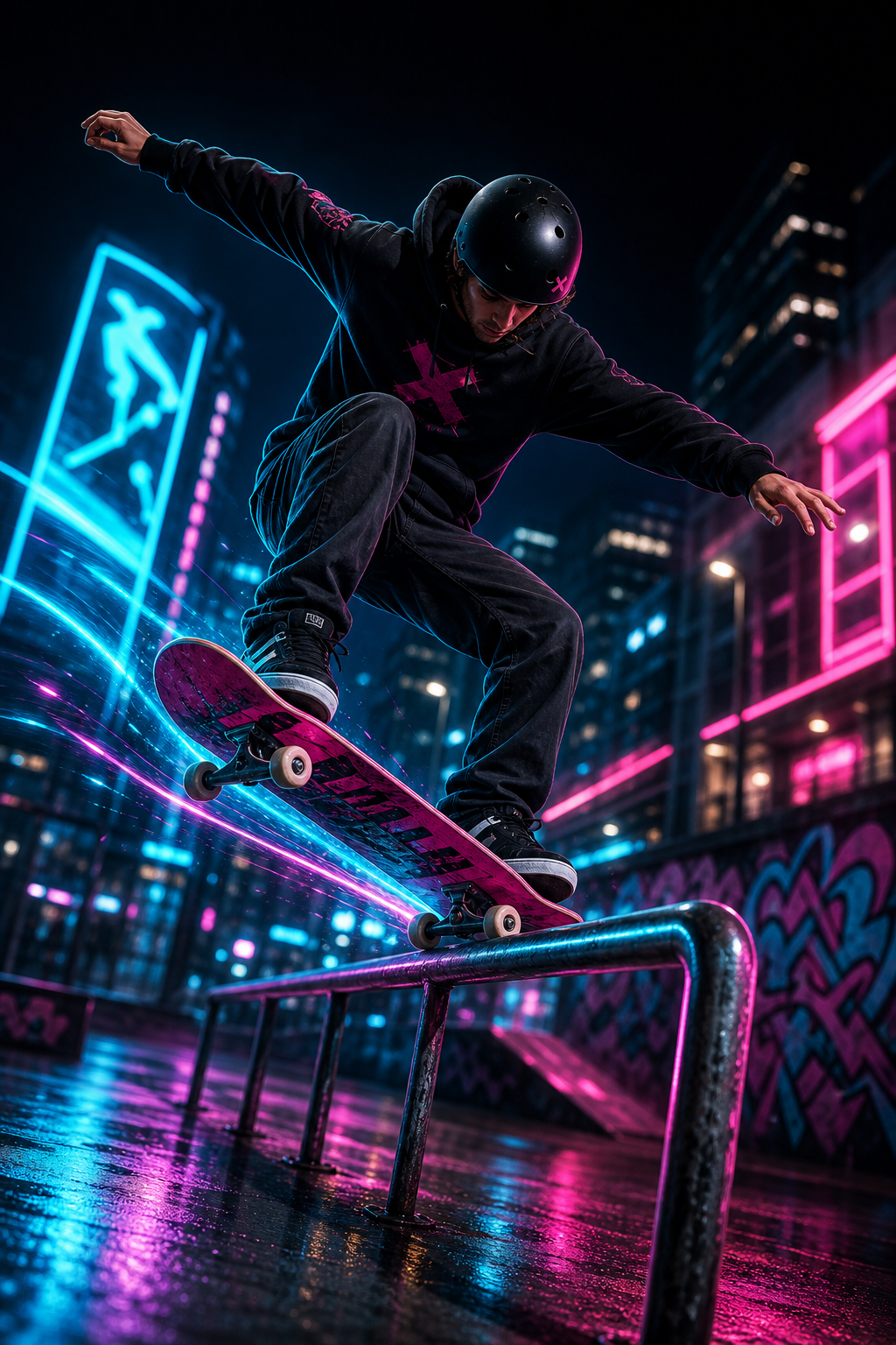 Digital street skater carving a neon-lit city rail with a magenta board and cyan light trail