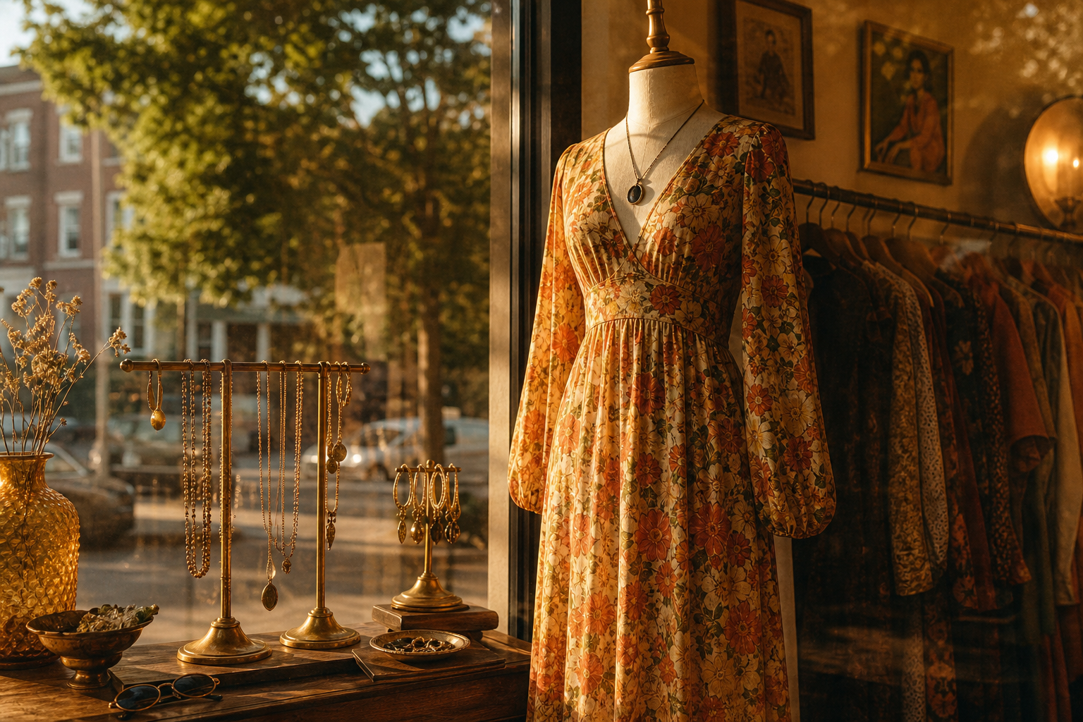 Sunlit vintage boutique window with a 1970s floral dress and brass accessories