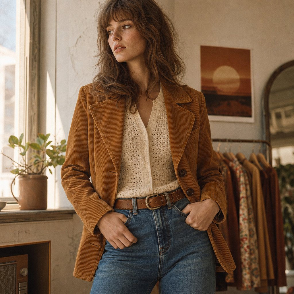 1970s neutral-toned outfit with a corduroy jacket and high-waisted jeans