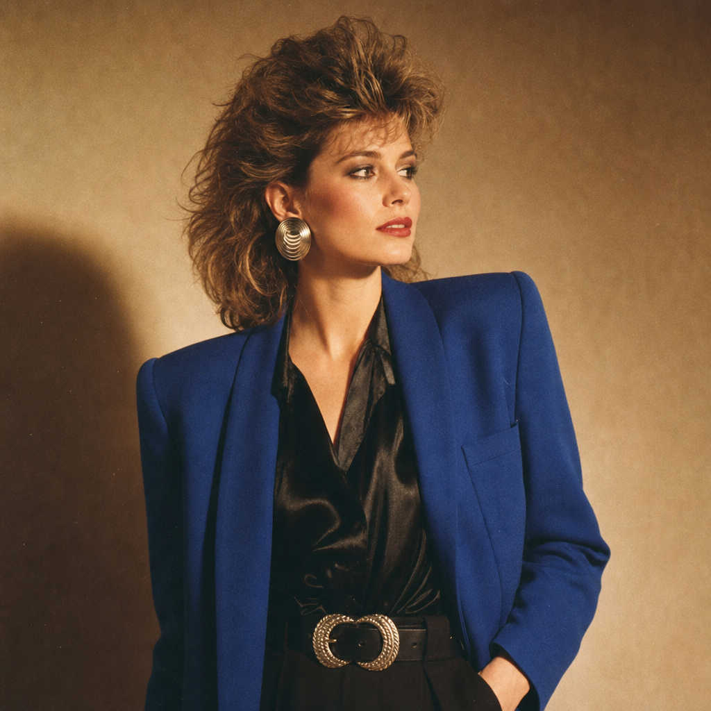 1980s statement blazer with bold shoulders and metallic accessories