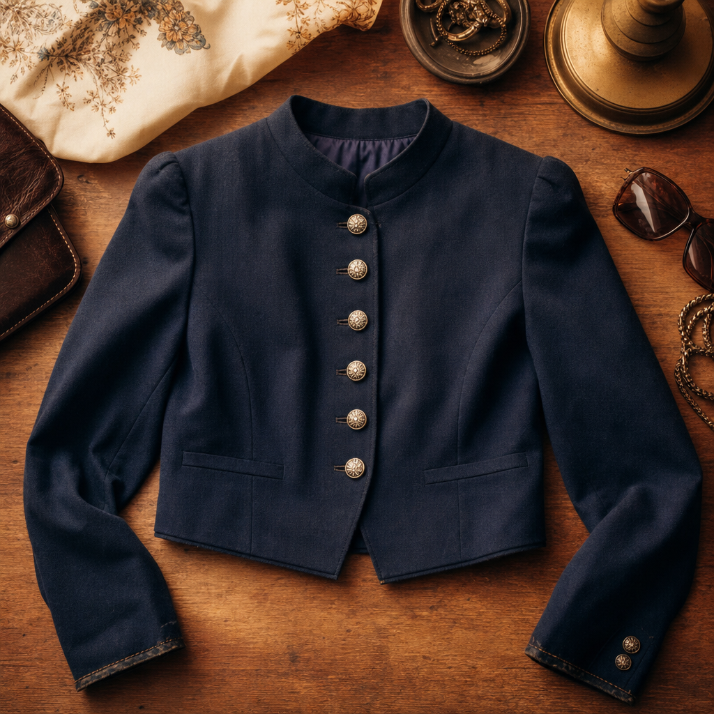Midnight blue 1980s cropped studio jacket laid on warm wooden table