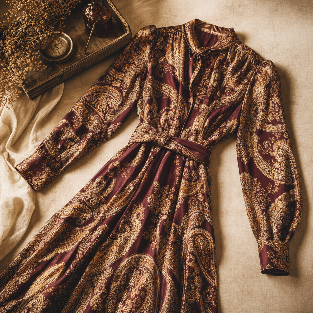 rare vintage silk dress with ornate patterns laid on a studio backdrop