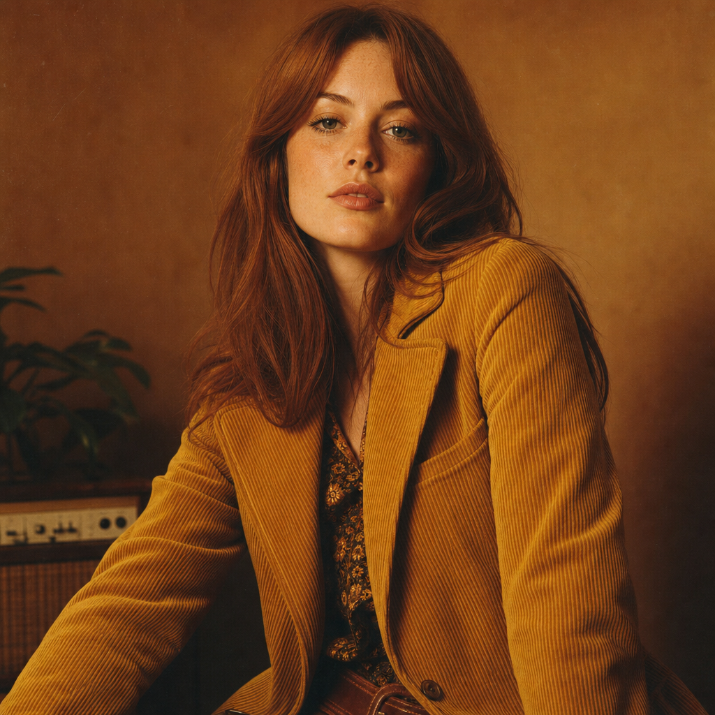 Stylish young woman with long auburn hair wearing a mustard corduroy blazer, warm studio portrait