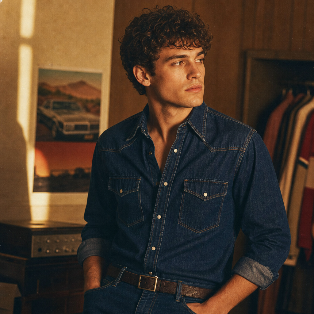 Retro-loving man with short curly hair wearing a navy denim shirt, warm film-inspired portrait