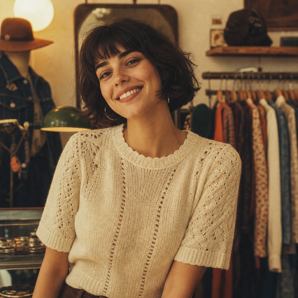 Smiling woman with short dark bob haircut wearing a cream knit top, nostalgic boutique portrait