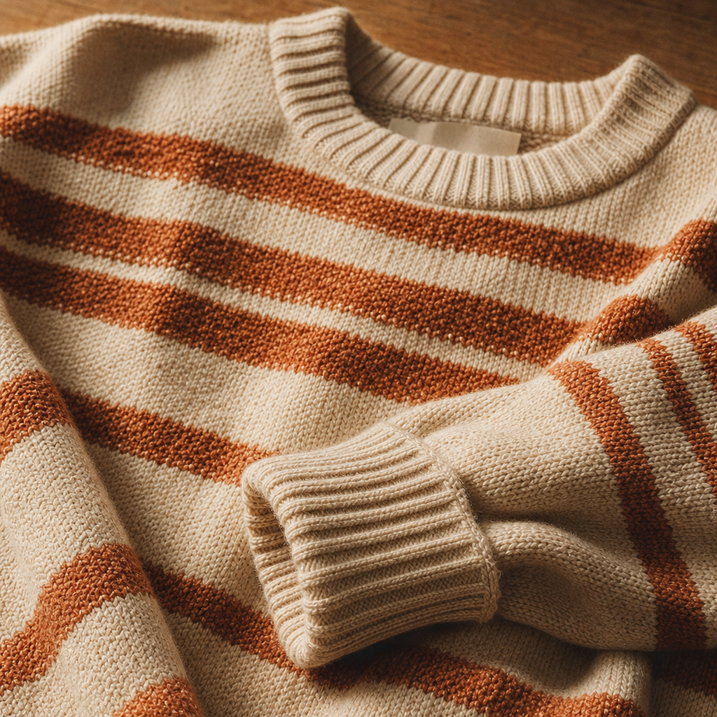 Close-up of a cream and rust striped 80s knit sweater with textured weave