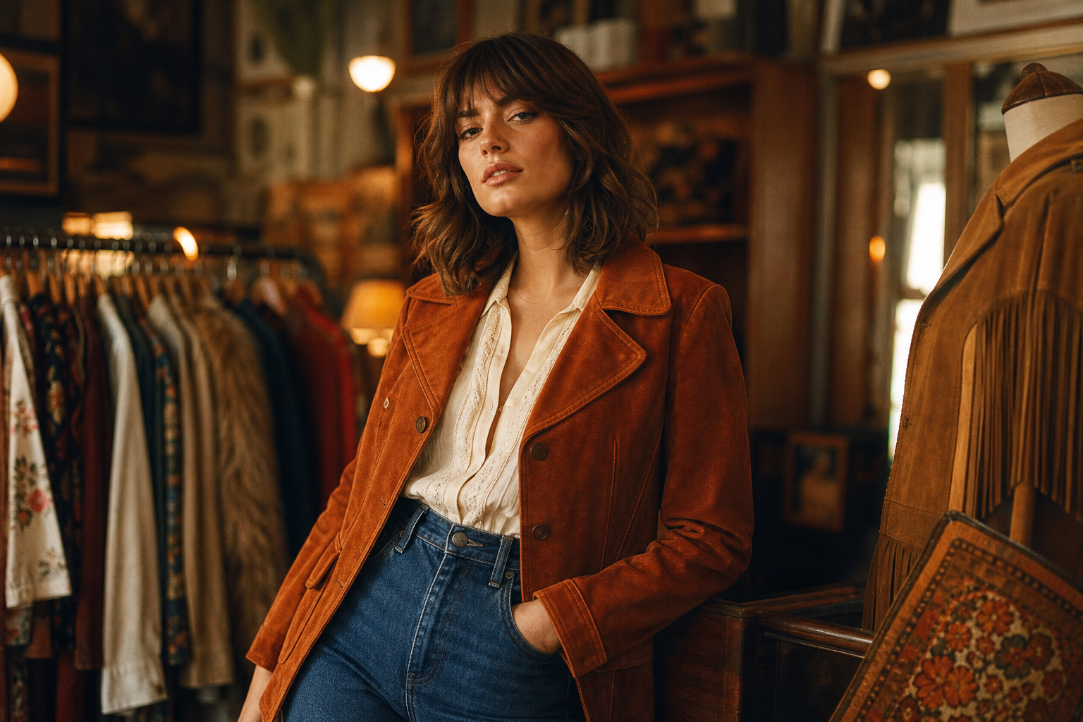 Model in a burnt orange 70s suede jacket and high-waisted denim, photographed in warm cinematic light