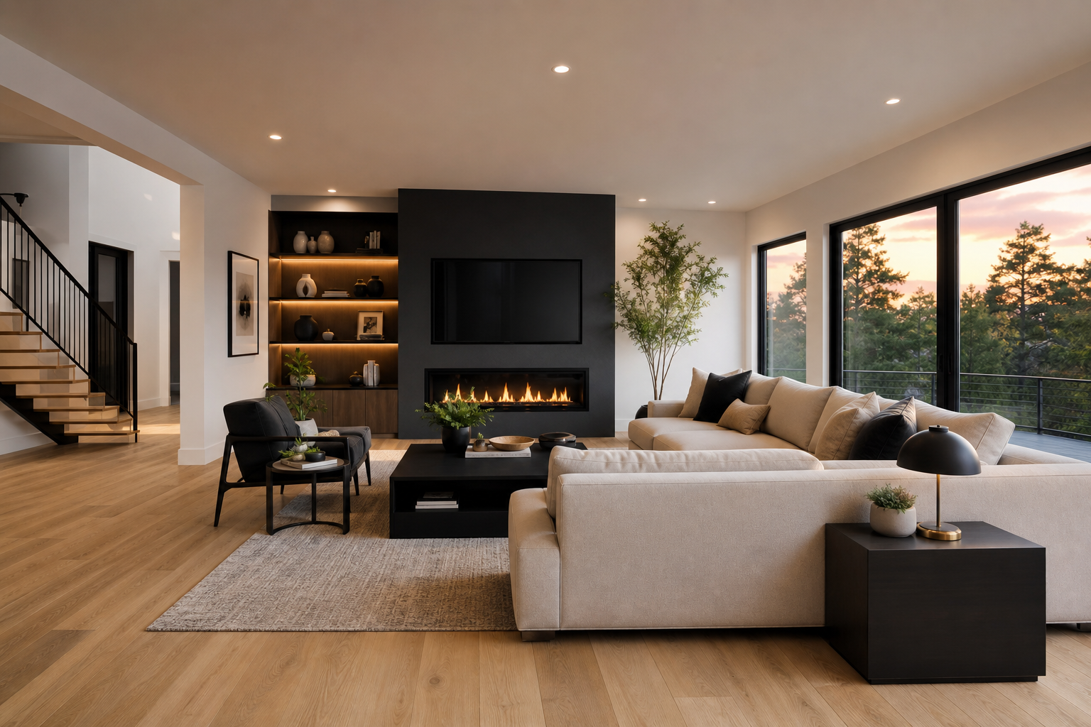 Renovated open-concept living room interior with modern finishes, warm lighting, and clean architectural lines