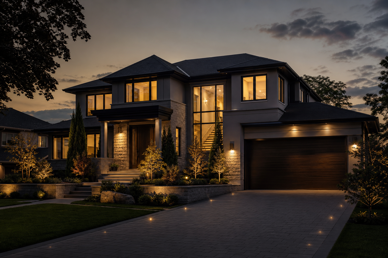 Luxury property exterior at dusk with subtle architectural lighting and a premium atmosphere