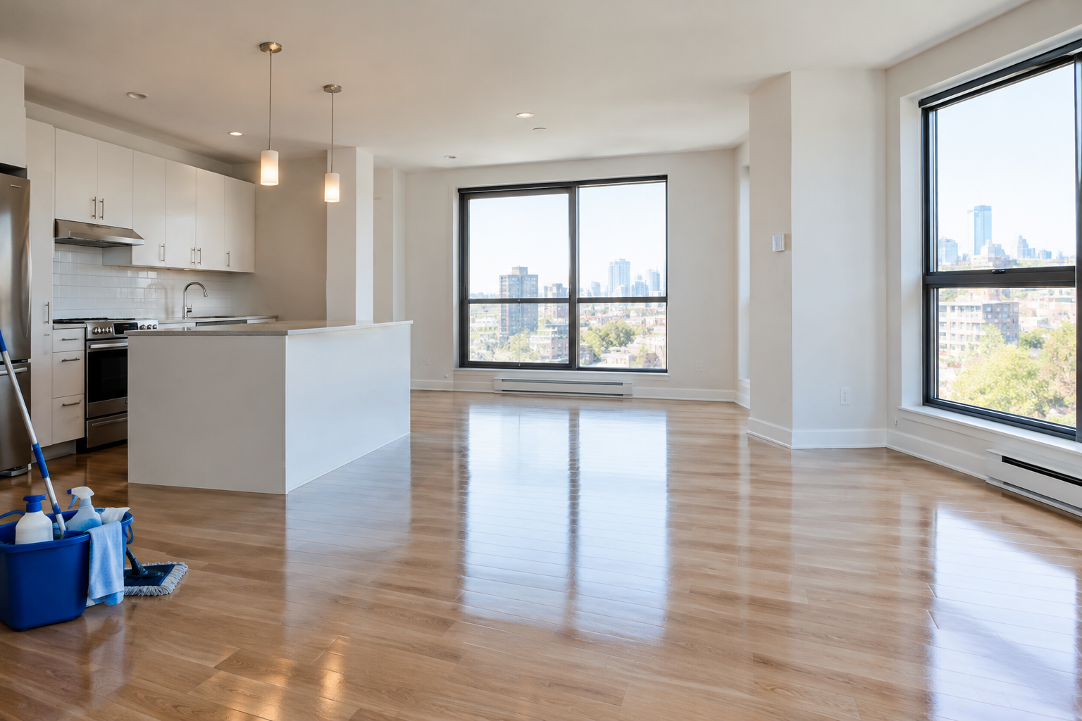 Appartement lumineux apr\u00e8s d\u00e9m\u00e9nagement, planchers propres, cuisine remise en \u00e9tat et mat\u00e9riel de nettoyage professionnel