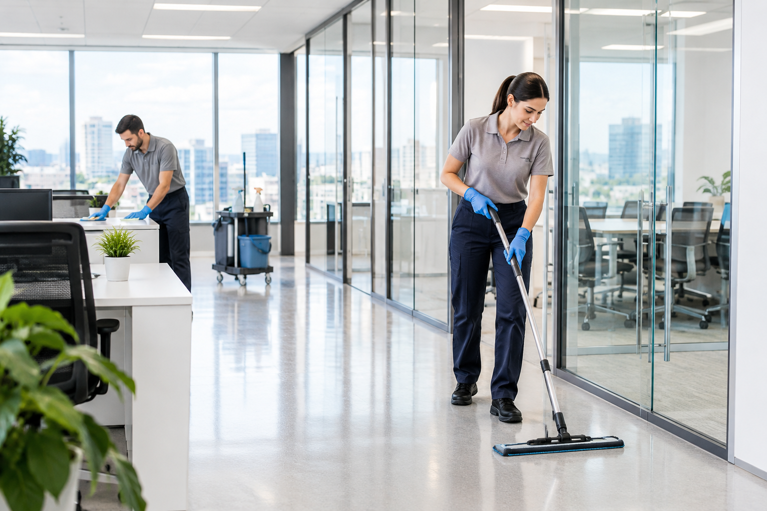 Grand espace de bureaux moderne, sols propres, surfaces vitrées nettes et équipe de nettoyage au travail