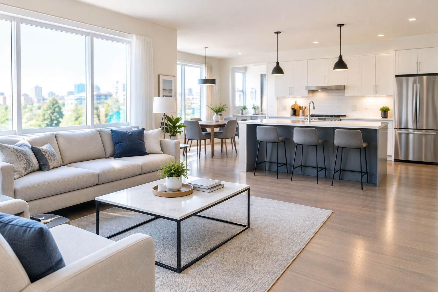 Intérieur résidentiel lumineux et propre avec salon rangé, cuisine nette et ambiance soignée
