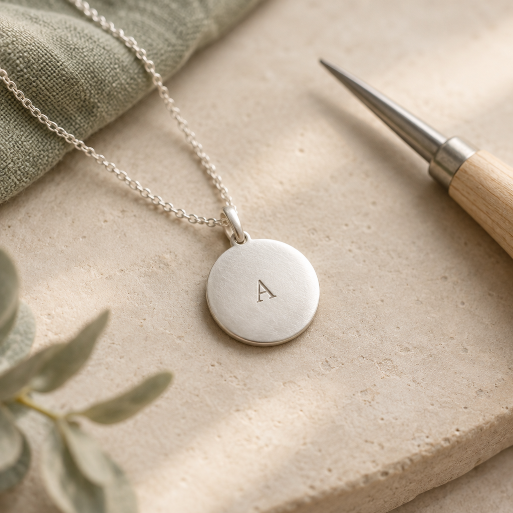 A round silver keepsake pendant engraved with a small initial beside an artisan engraving tool