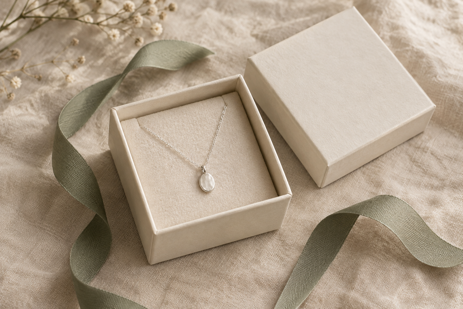 An open ivory jewelry box holding a delicate silver necklace on linen, with sage ribbon beside it