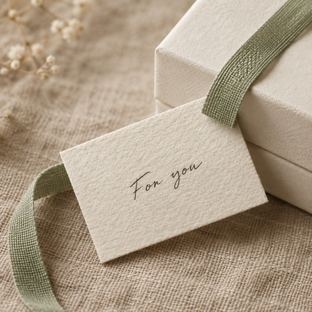 A small textured cream gift card with handwritten lettering tucked beneath a pale sage ribbon