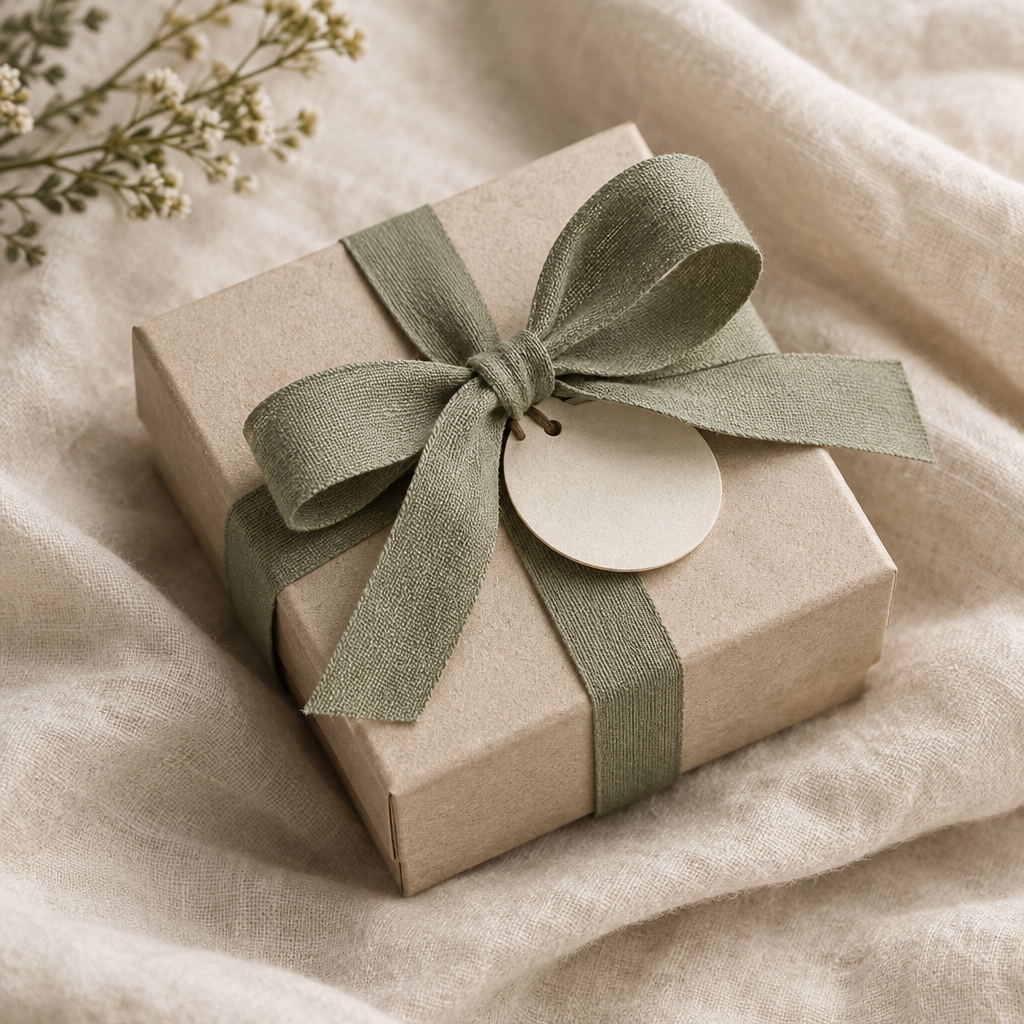 A closed oat-colored jewelry box tied with a sage cotton ribbon, resting on softly folded cream linen