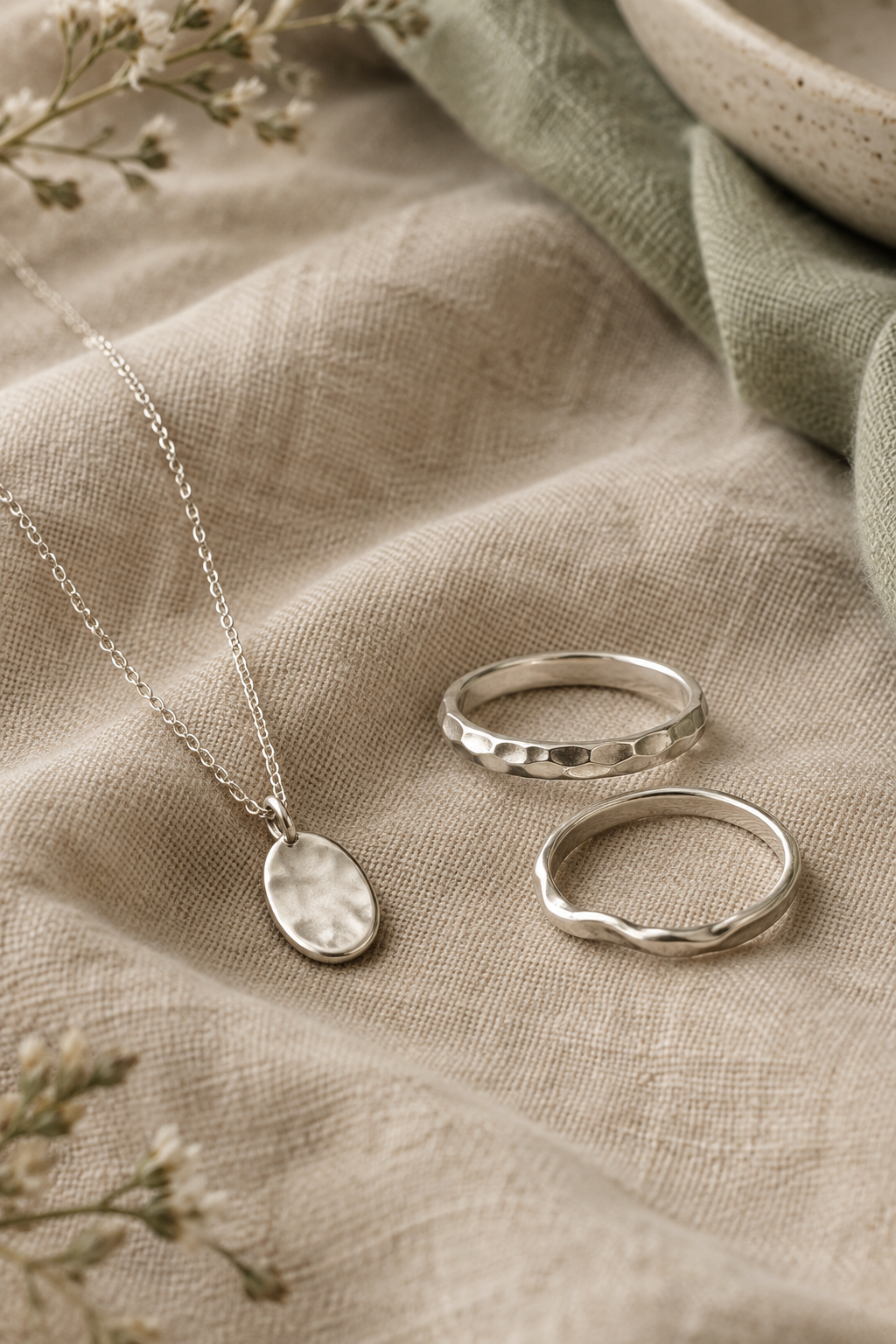 Handcrafted silver pendant and softly hammered silver rings on warm linen