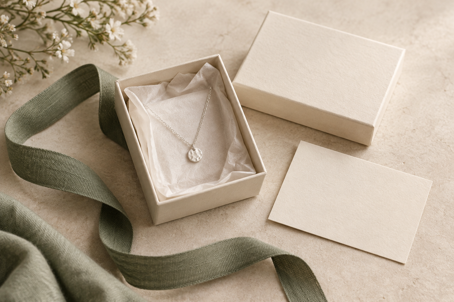 A gift-ready jewelry box with a sage ribbon, tissue paper, and a silver necklace