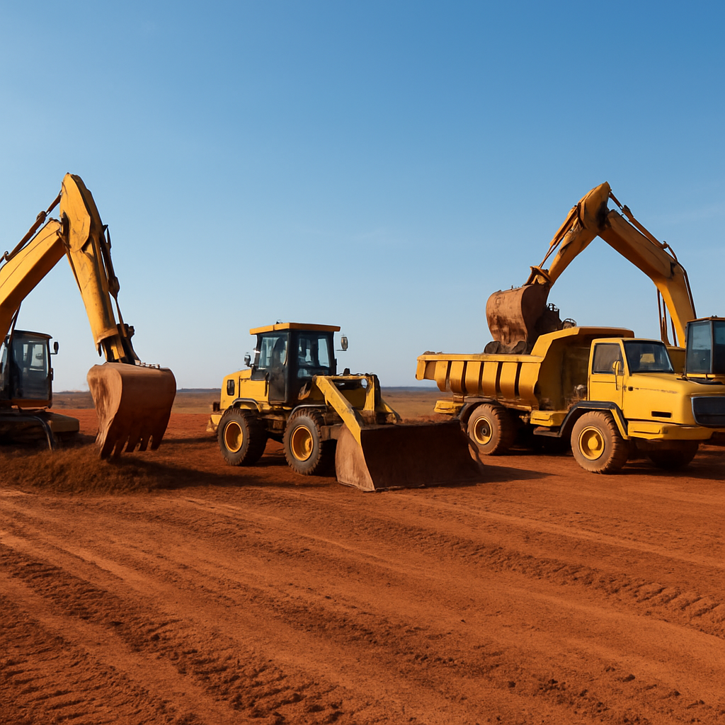 Máquinas de terraplanagem em operação em terreno amplo, céu limpo, ambiente profissional e seguro.