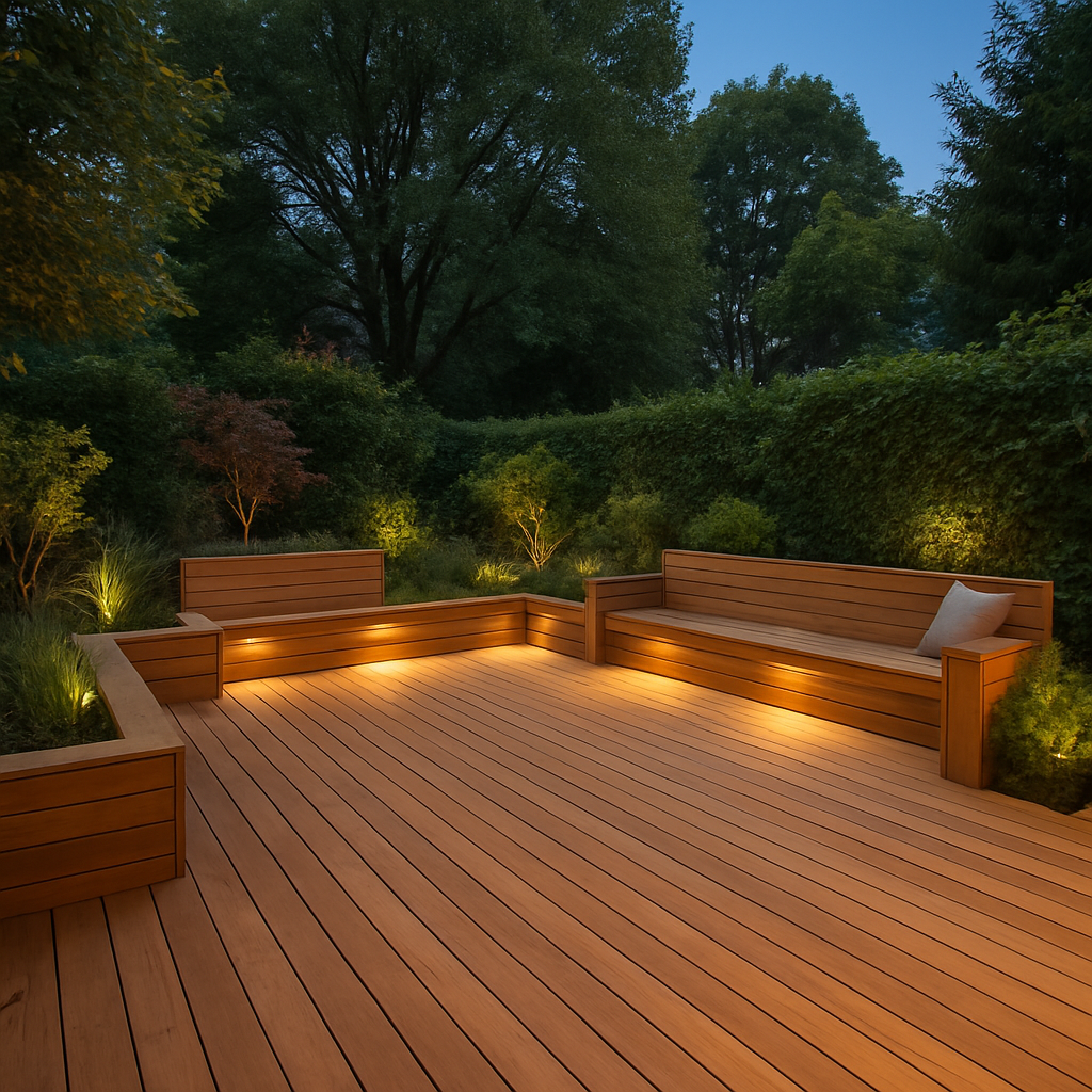 Custom backyard deck with natural wood finish and landscape lighting
