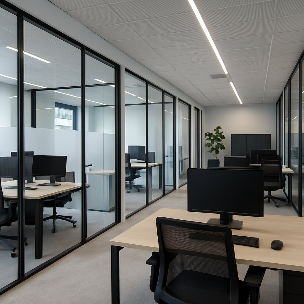 Sleek office renovation with glass partitions and ergonomic workspaces