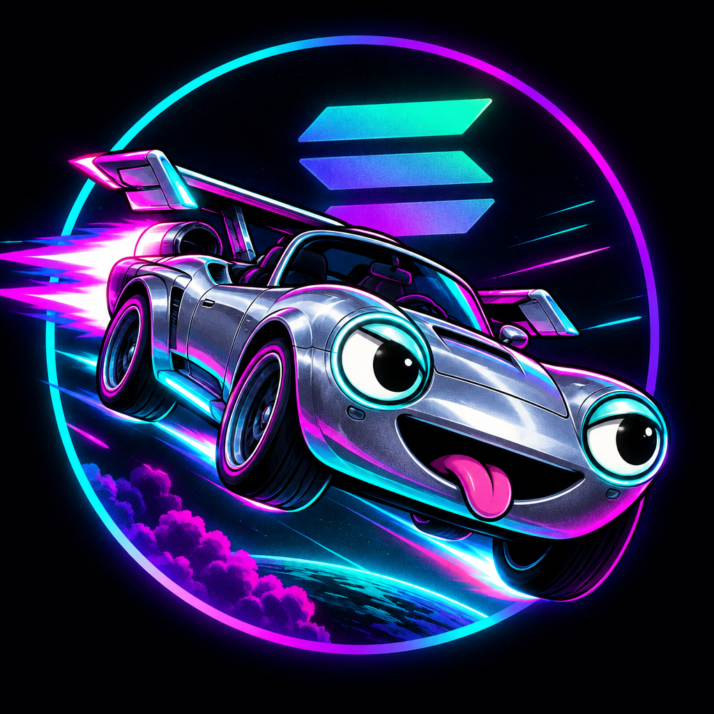 Cartoon flying roadster meme character with rocket spoilers, grinning headlights, and a Solana-style neon glow