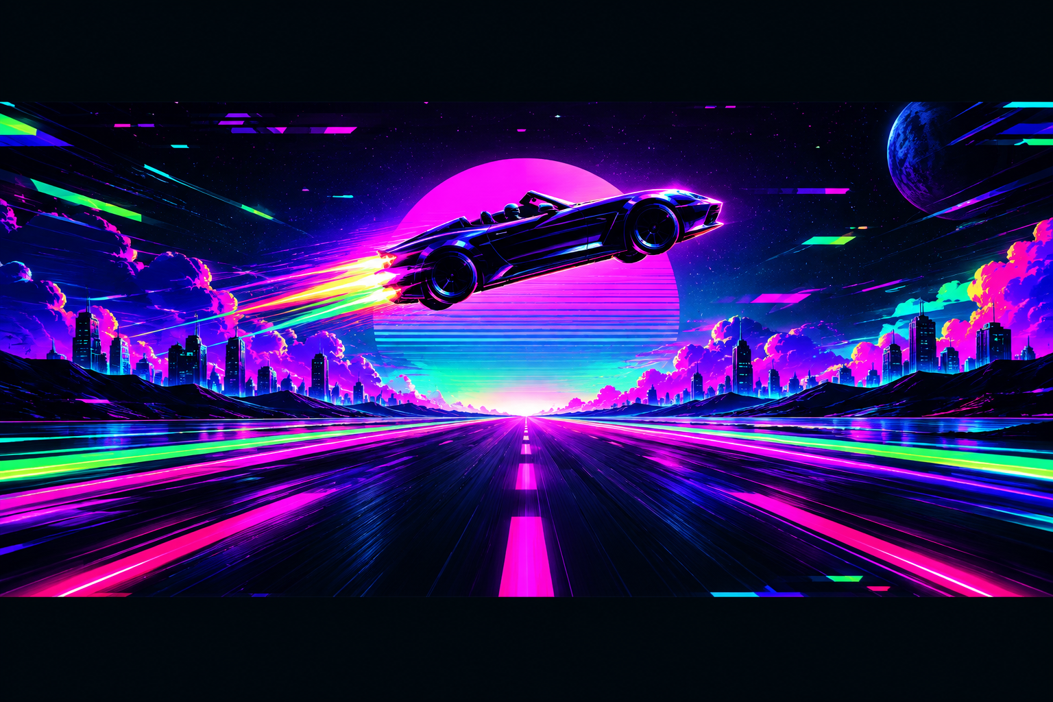 Stylized horizontal meme banner placeholder with neon road lines, motion streaks, glitch decals, and a minimal flying roadster silhouette