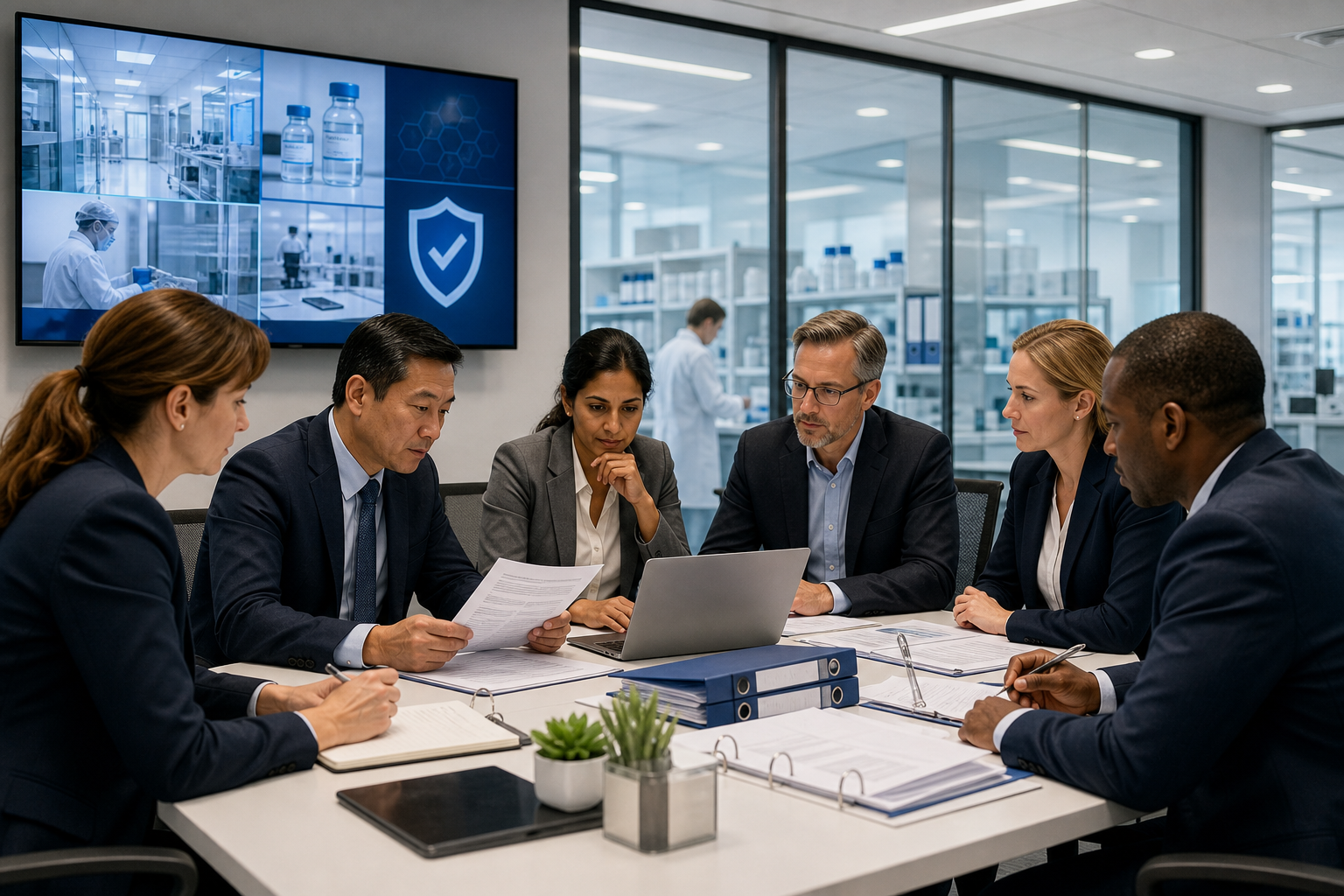 Executive inspection readiness workshop in a bright, modern biopharma training space with compliance documents, laptops, and collaborative discussion