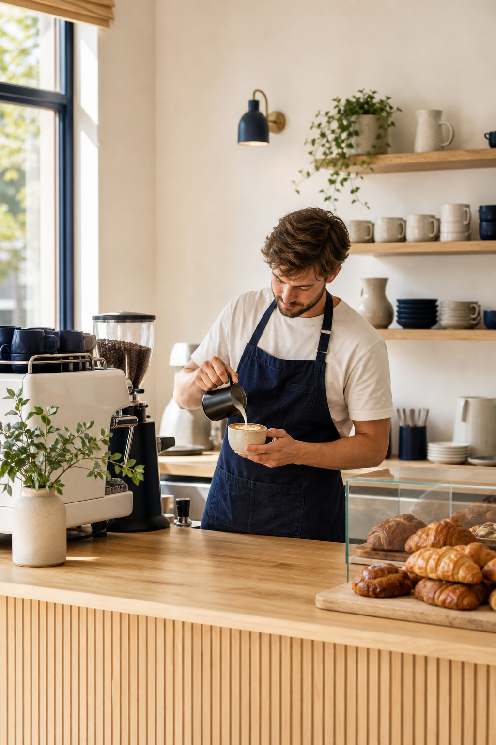 Warm light wood coffee counter with a barista preparing a latte in a bright Scandinavian-style cafe