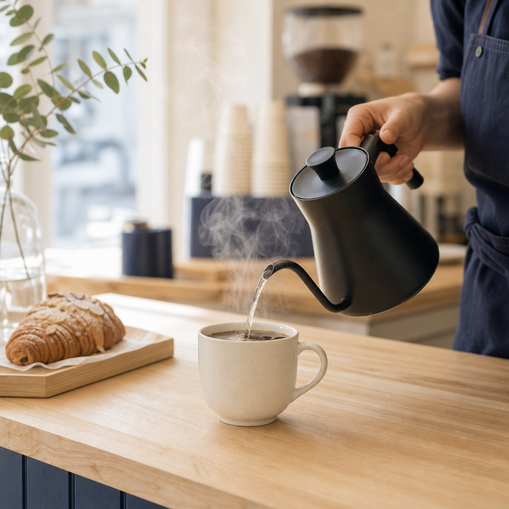 Barista pouring coffee into a white ceramic cup on a wooden counter