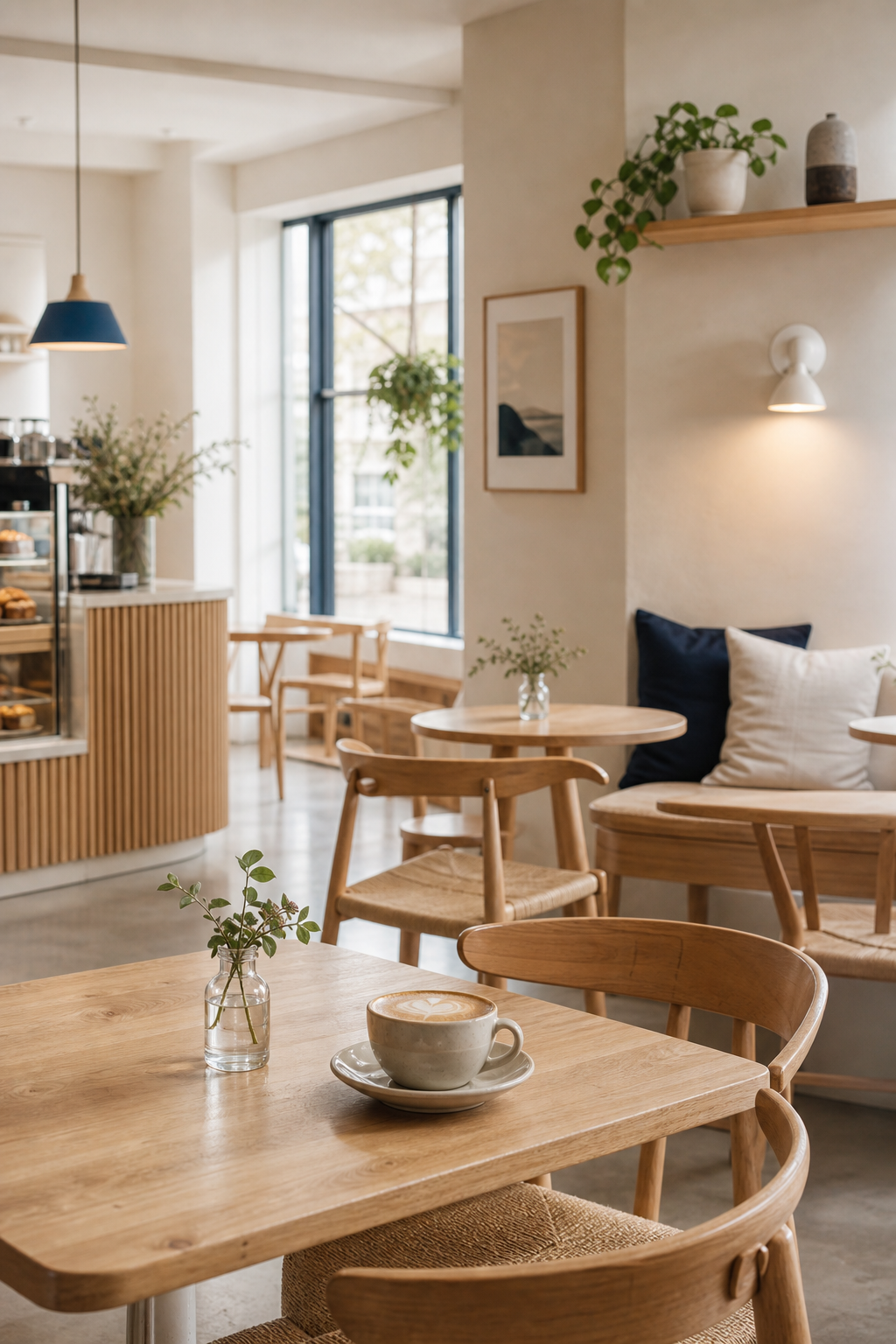 Cozy cafe interior with light wood tables and soft natural light