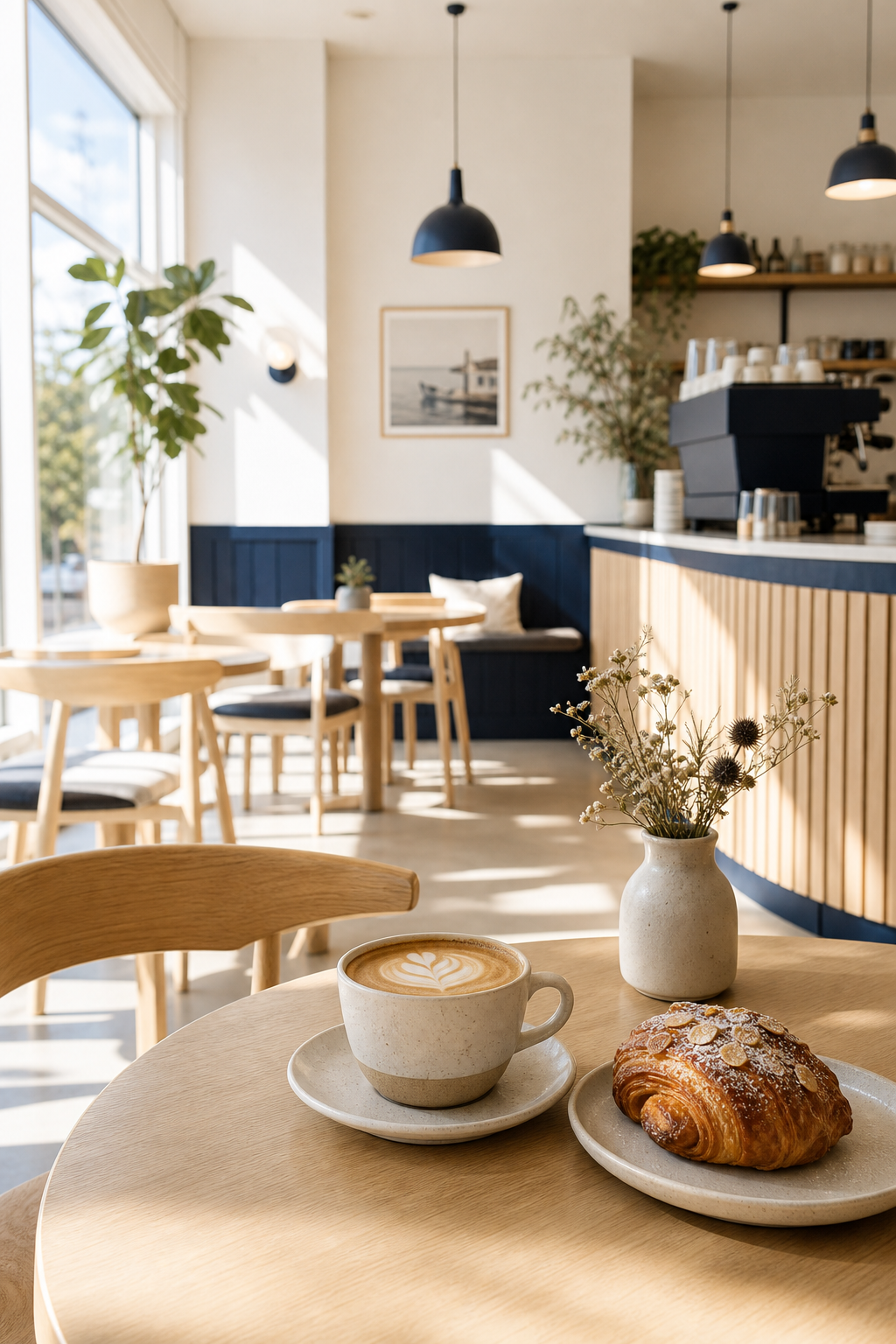 Cozy interior of North Dock Coffee with warm light wood tables, deep navy accents, and morning light