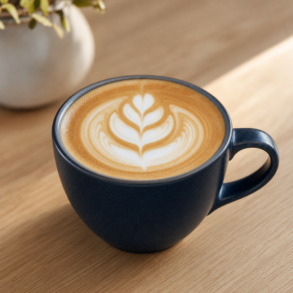 Close up of latte art in a navy ceramic mug