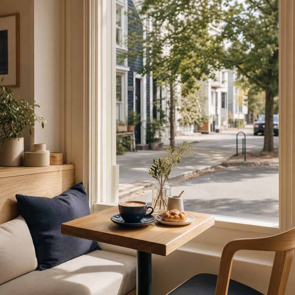 Cafe window seat looking out onto a quiet neighborhood street