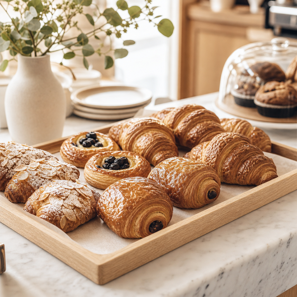 Fresh pastries and croissants displayed on a wooden tray