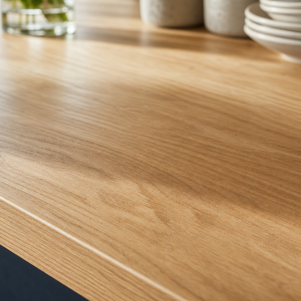 Close up of a warm light wood counter texture with soft daylight