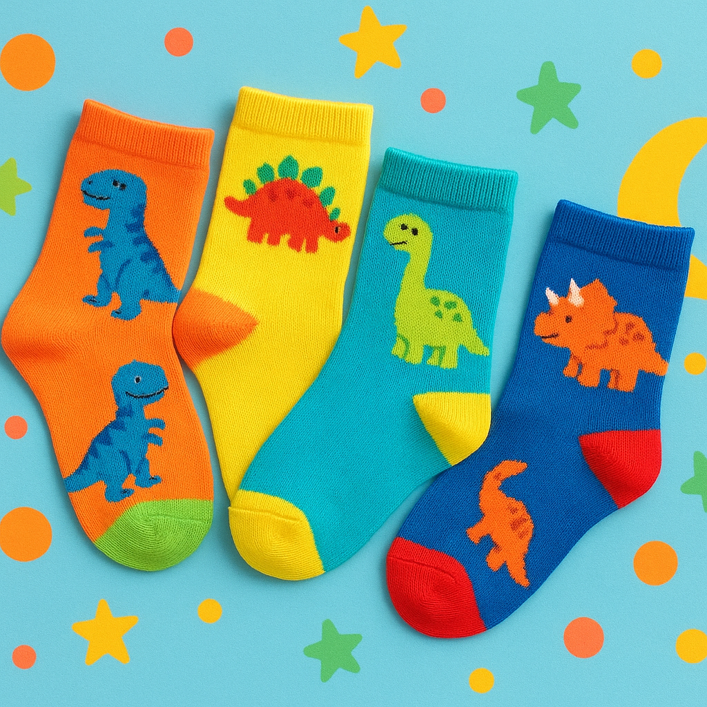 Children's socks with playful dinosaur prints in bright colors on a fun, child-friendly background