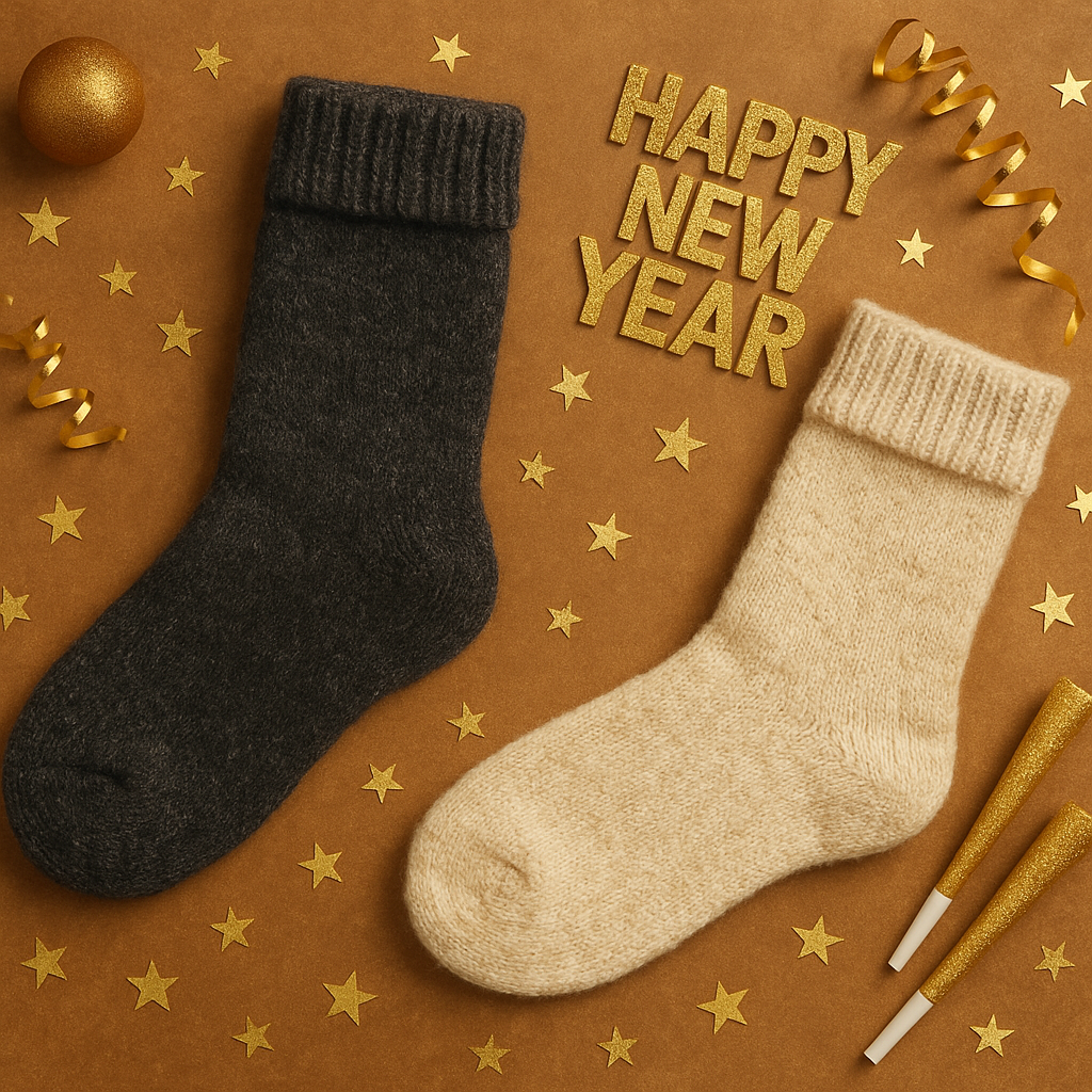 A pair of cozy socks for a couple, one masculine and one feminine, styled for New Year's celebration on a festive background