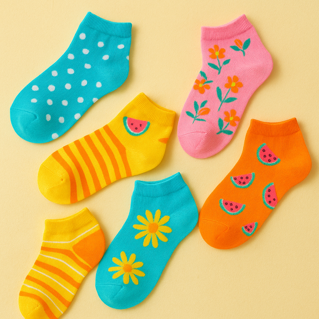 Bright, colorful women's summer socks arranged playfully on a soft background, evoking a cheerful, summery vibe