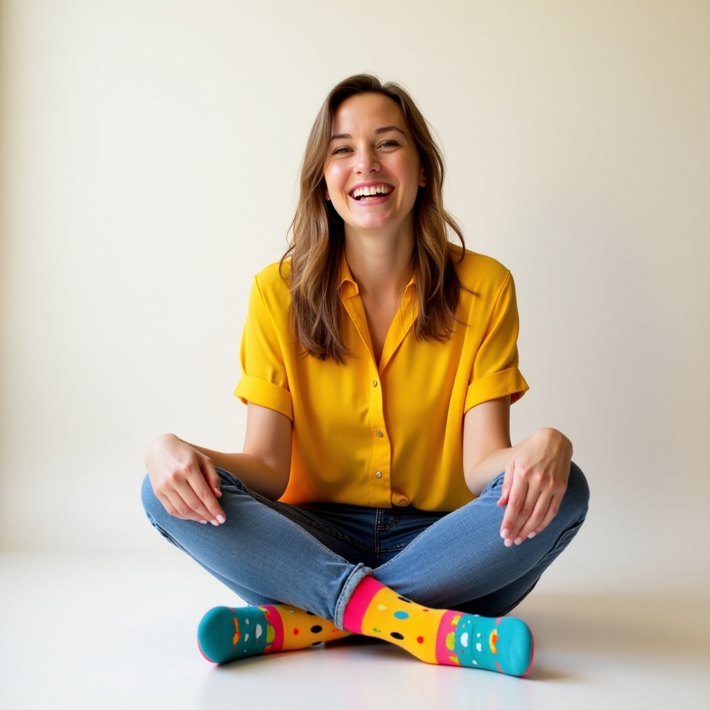 Smiling woman wearing colorful socks