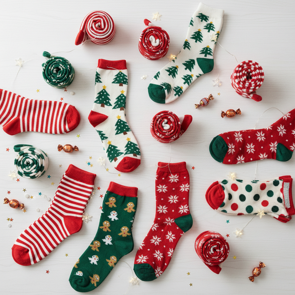 Festive women's Christmas socks with bright and playful patterns
