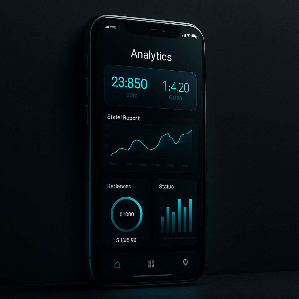 Dark modern smartphone mockup displaying a high-contrast analytics dashboard UI with neon accents