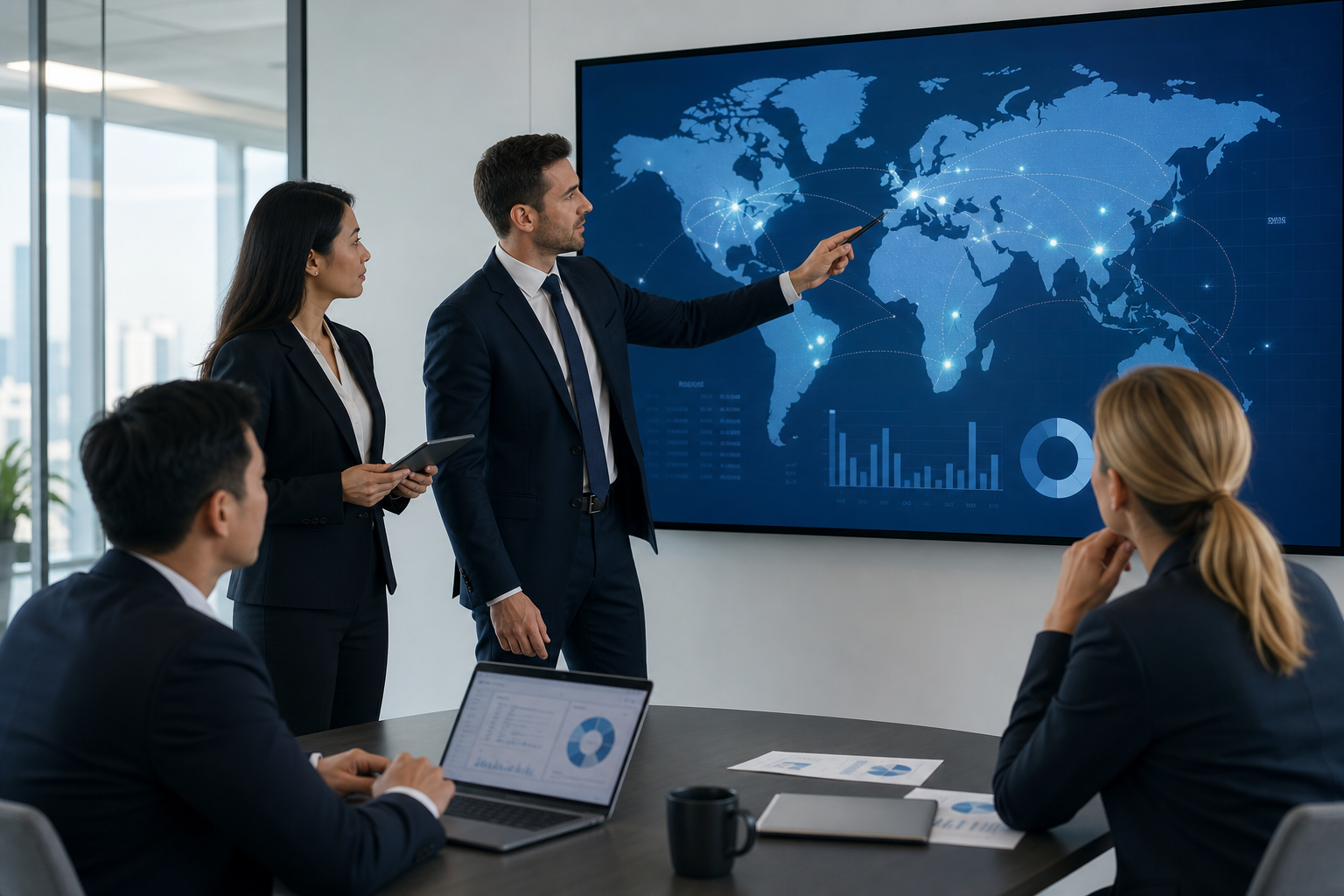 Professional consulting team reviewing global market strategy on a digital world map display