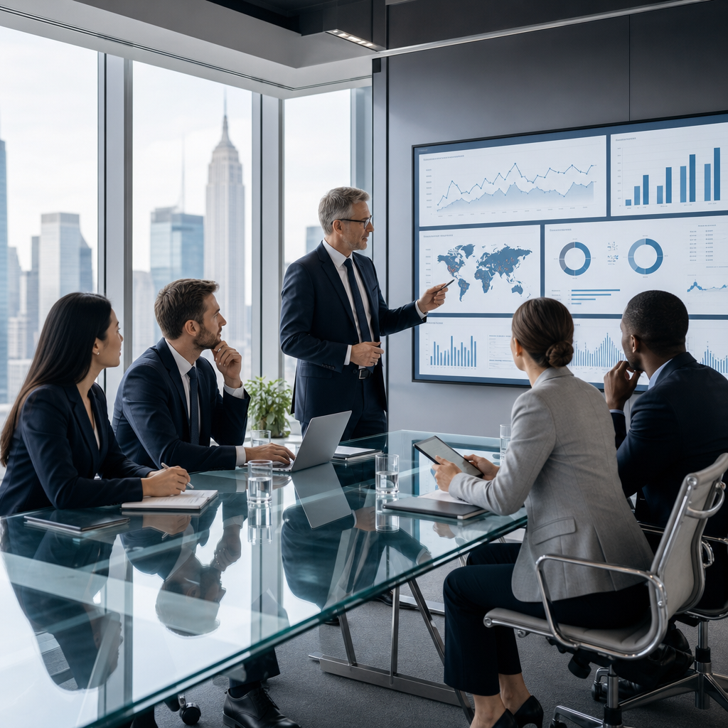 Senior consultants collaborating around a glass conference table with financial dashboards on a wall display