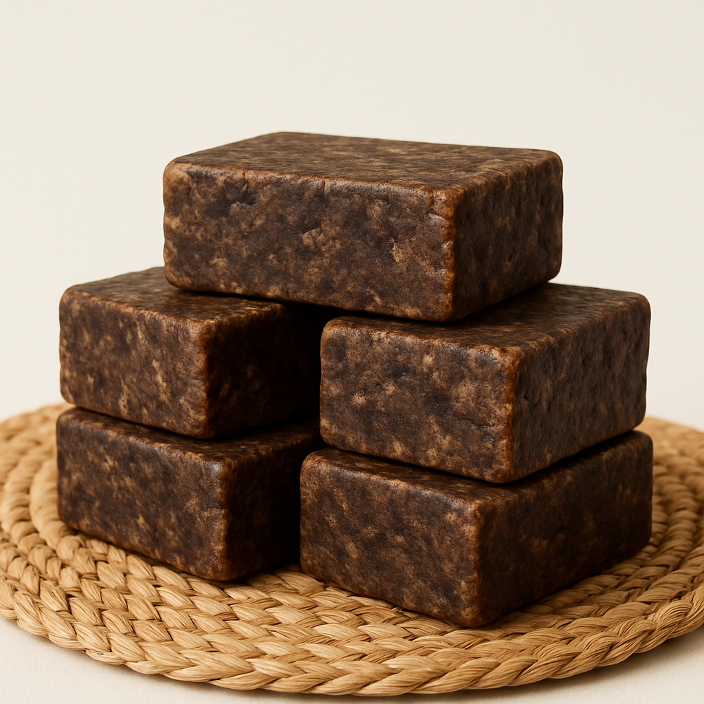 Traditional African black soap bars on a mat
