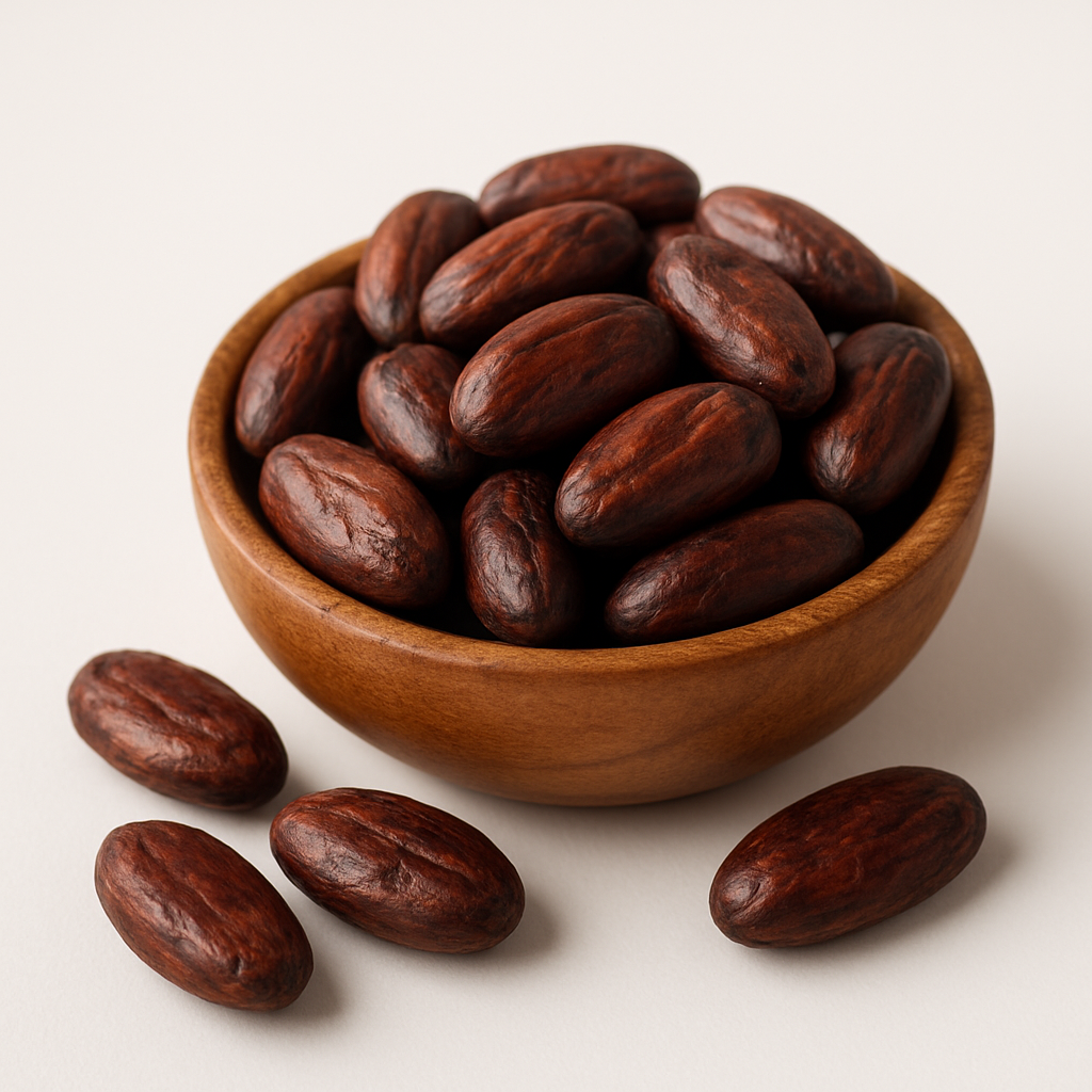 A handful of African cocoa beans