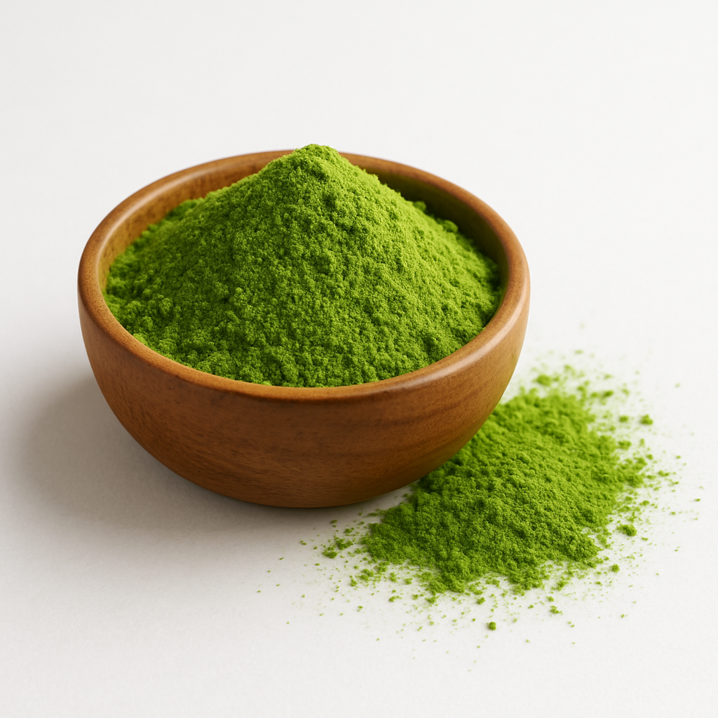 Green moringa powder in a wooden bowl