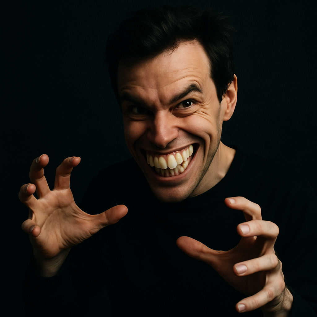 Morgan with an evil grin and novelty teeth