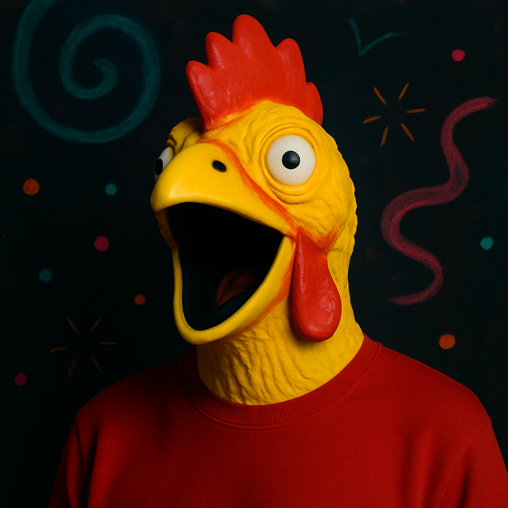 Casey with a rubber chicken mask